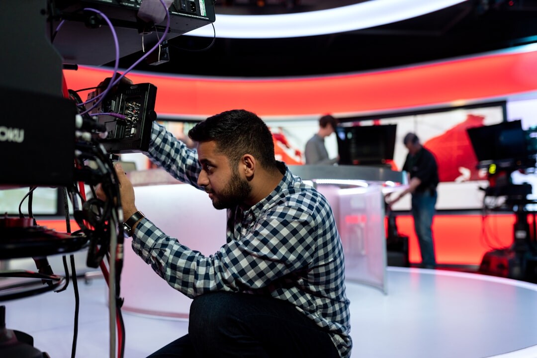 News broadcast studio with cameras and monitors